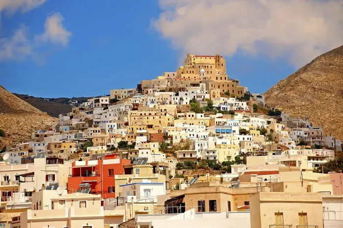 Framed Print : The Venetian city quarter of Ano Syros topped by the Catholic basilica of San Giorgio, Syros, Cyclades Islands, Greece, Europe