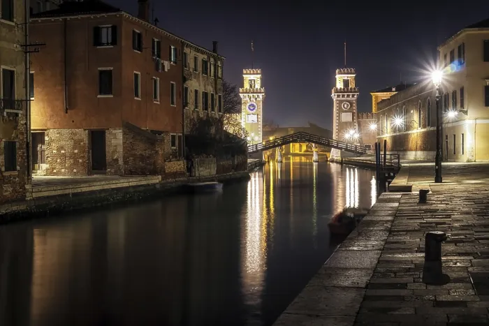 Framed Print : Venice Arsenal viewed at night over a small bridge that connects Saint Marco to Castello neighbor