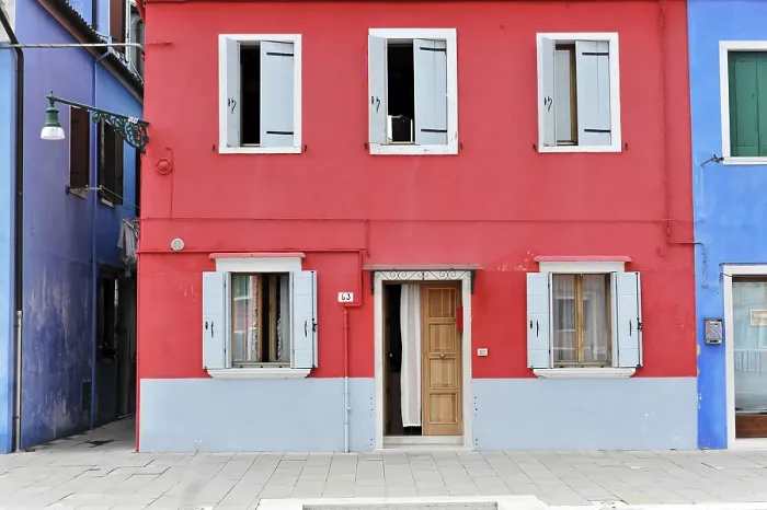 Framed Print : Venice, Veneto, Italy, Europe, Red house with white shutters in Burano