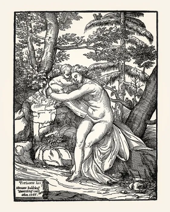 Framed Print : Venus and Amor, 1566, by Niccolo Boldrini after Tizian
