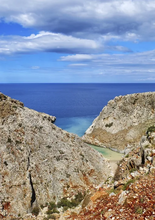 Framed Print : Vertical view of z-shaped lagoon in typical Greek or Cretan landscape on sunny summer day