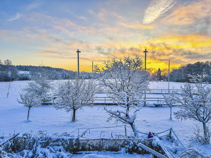 Framed Print : Vibrant winter landscape with colourful sunrise and snow-covered trees