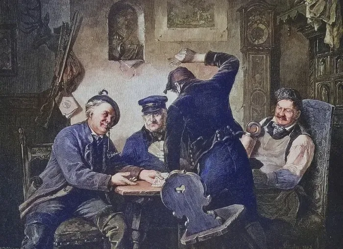 Framed Print : Vier Schafkopfspieler in einem Dorfwirtshaus