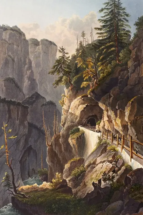 Framed Print : View of the abandoned gallery, coming from Tousis, Route du Splugen, gorge and road tunnel, Spluegen Pass, Grisons, Switzerland, view around 1830
