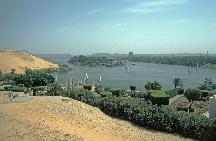 Framed Print : View from the Aga Khan Mausoleum onto the Nile, Kitchener Island, Elephantine Island, Aswan, Nile Valley, Egypt, September 1989, vintage, retro, old, historic, Africa Framed Print : View from the Aga Khan Mausoleum onto the Nile, Kitchener Island, Elephantine Island, Aswan, Nile Valley, Egypt, September 1989, vintage, retro, old, historic, Africa