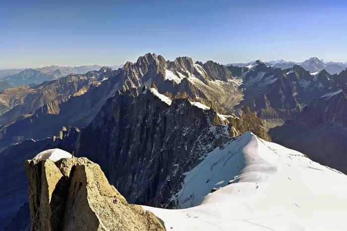 Framed Print : View from the Aiguille du Midi mountain station observation deck of the mountains Aiguille Vert