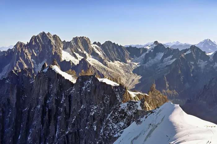 Framed Print : View from the Aiguille du Midi mountain station observation deck of the mountains Aiguille Vert