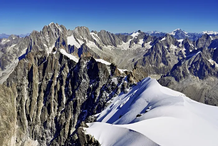 Framed Print : View from the Aiguille du Midi mountain station observation deck of the mountains Aiguille Vert