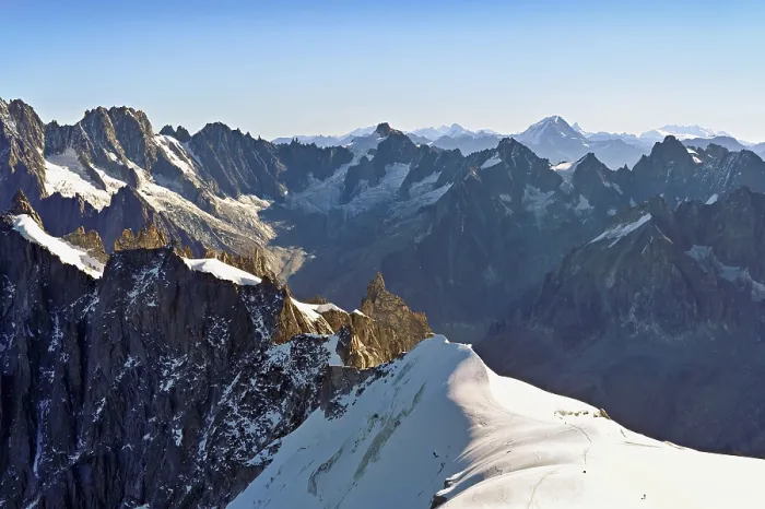 Framed Print : View from the Aiguille du Midi mountain station observation deck of the mountains Les Droites