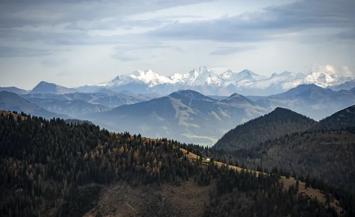 Framed Print : View of the Alpine foothills and main Alpine ridge with snow-covered peaks