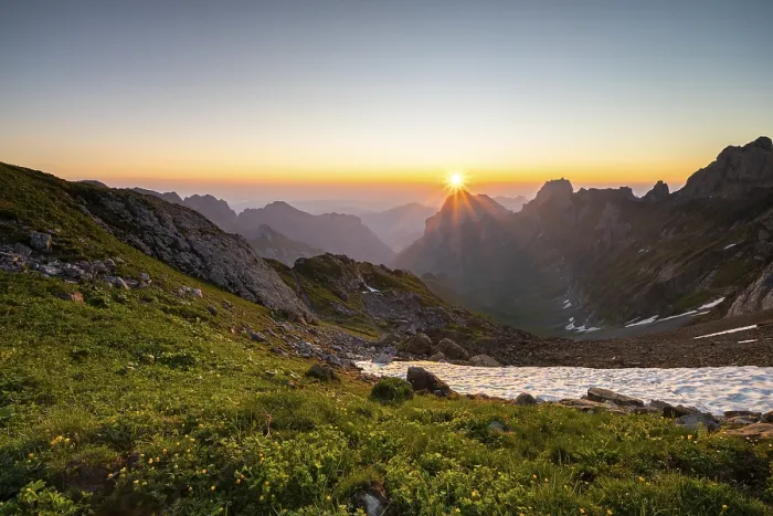 Framed Print : View over Alpstein Mountains into the Meglisalp Valley at sunrise Framed Print : View over Alpstein Mountains into the Meglisalp Valley at sunrise
