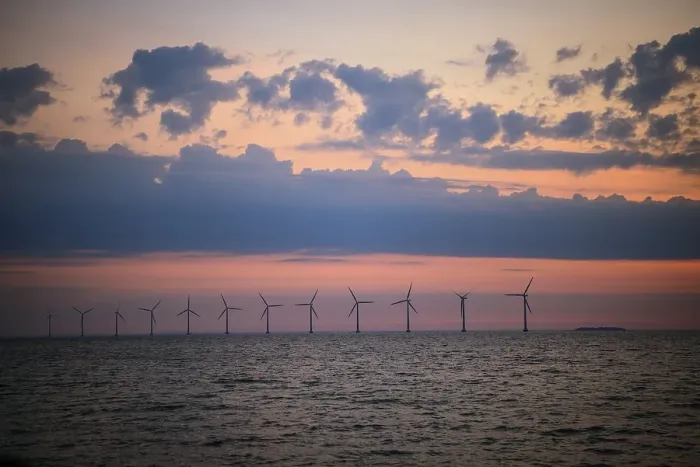 Framed Print : View from Amager beach to wind turbines in the sea at sunrise Framed Print : View from Amager beach to wind turbines in the sea at sunrise
