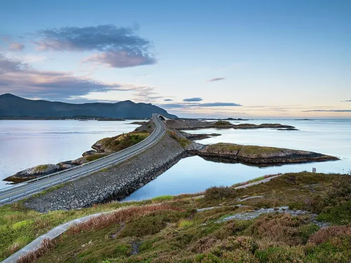 Framed Print : View of the Atlantic Road, rocky coast and cloudy sky at dusk, Storseisundbrua, autumn, Atlanterhavsveien, Romsdal, Norway, Europe