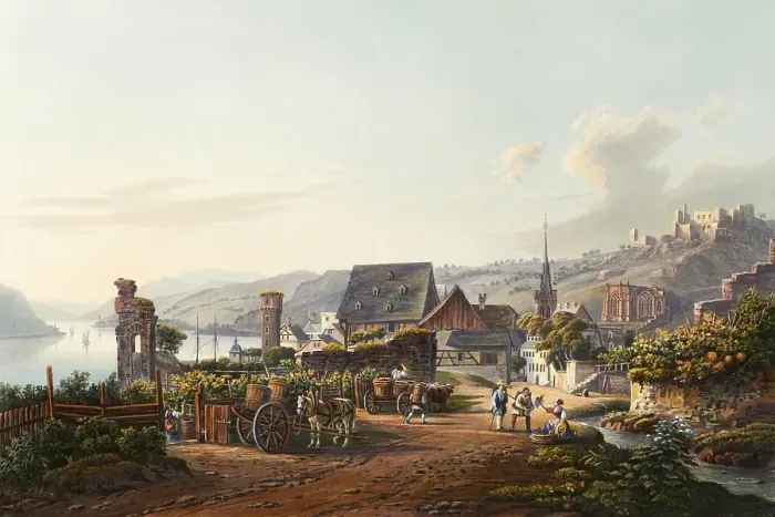 Framed Print : View of Bacharach on the Rhine and Stahleck Castle, Mainz-Bingen district, Rhineland-Palatinate, Germany, view from around 1830, digitally restored reproduction of a 19th century model by Johann Ludwig Bleuler (12 February 1792 - 28 March 1850)