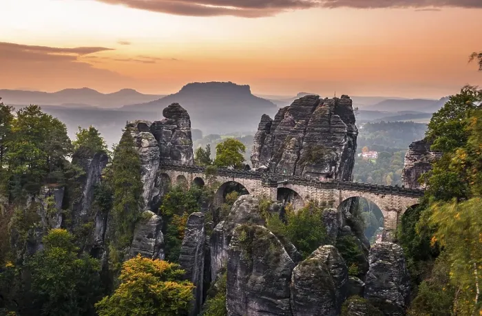 Framed Print : View of Bastei bridge, Bastei at sunrise