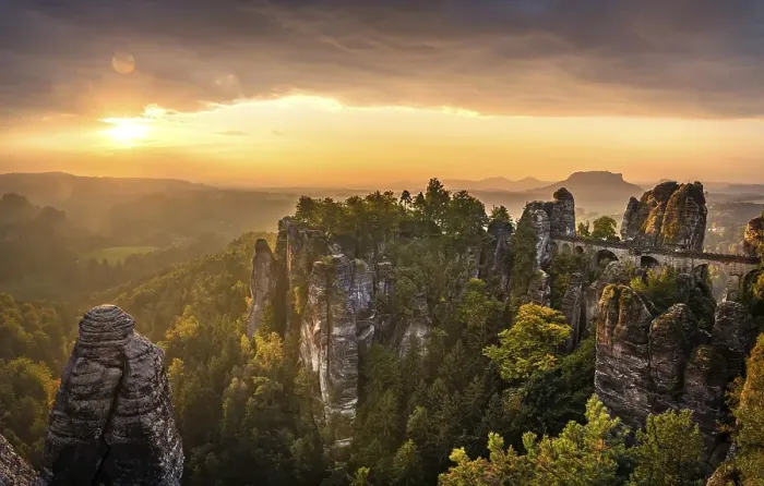 Framed Print : View of Bastei bridge, Bastei at sunrise Framed Print : View of Bastei bridge, Bastei at sunrise