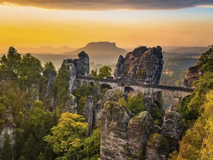 Framed Print : View of Bastei bridge, Bastei at sunrise Framed Print : View of Bastei bridge, Bastei at sunrise