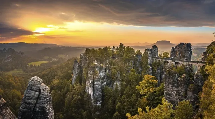 Framed Print : View of Bastei bridge, Bastei at sunrise