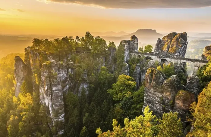 Framed Print : View of Bastei bridge, Bastei at sunrise Framed Print : View of Bastei bridge, Bastei at sunrise