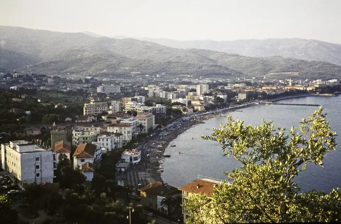 Framed Print : View of beach and building, Diano Marina, Imperia, Liguria, Italy, July 1959, Europe Framed Print : View of beach and building, Diano Marina, Imperia, Liguria, Italy, July 1959, Europe