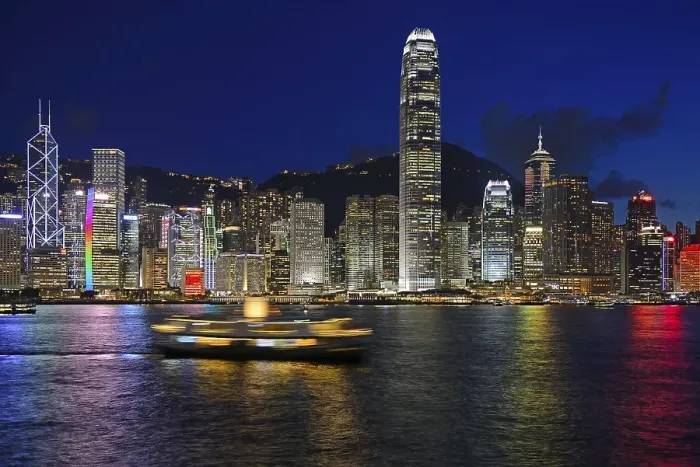 Framed Print : View at the blue hour from Kowloon on Hong Kong Island's skyline on Hong Kong River Framed Print : View at the blue hour from Kowloon on Hong Kong Island's skyline on Hong Kong River