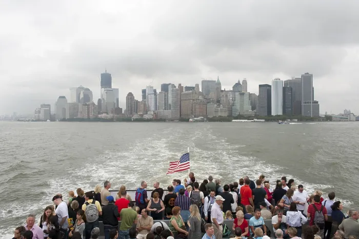 Framed Print : View from a boat with many people over the Hudson River towards the skyline and skyscrapers