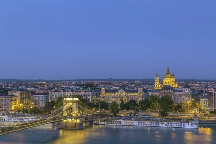 Framed Print : View of Budapest with St. Stephen's Basilica and Szechenyi Chain Bridge from Fisherman Bastion at dusk