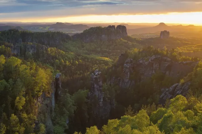 Framed Print : View from Carola Rock over Elbe Sandstone Mountains with Schrammsteine