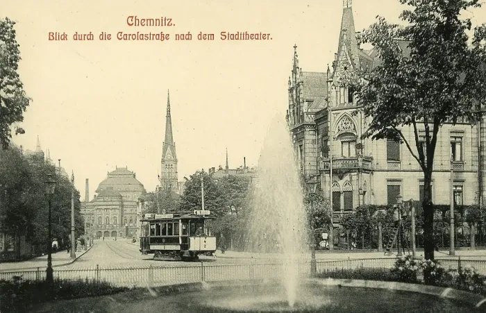 Framed Print : View through the Carolastrasse to the city theatre, 1912, Chemnitz, Saxony, Germany, digitally enhanced reproduction from a historical original, around 1900, public domain, Europe
