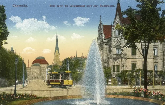 Framed Print : View through Carolastrasse and tramway to the municipal theatre, 1912, Chemnitz, Saxony, Germany, digitally enhanced reproduction from a historical original, c. 1900, public domain, Europe
