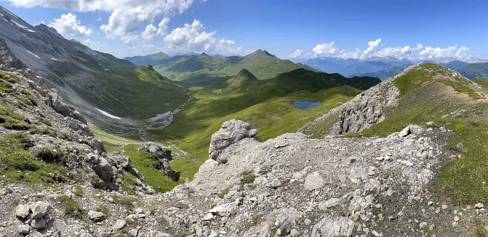 Framed Print : View of the Casanna Pass and unnamed green mountain lake