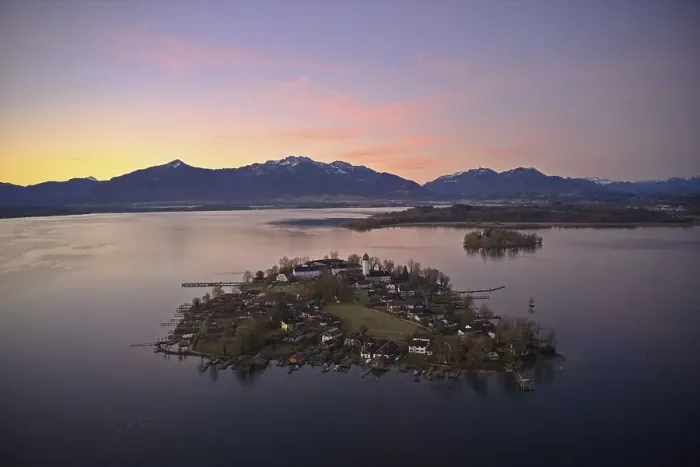 Framed Print : View from above over the Chiemsee at sunrise