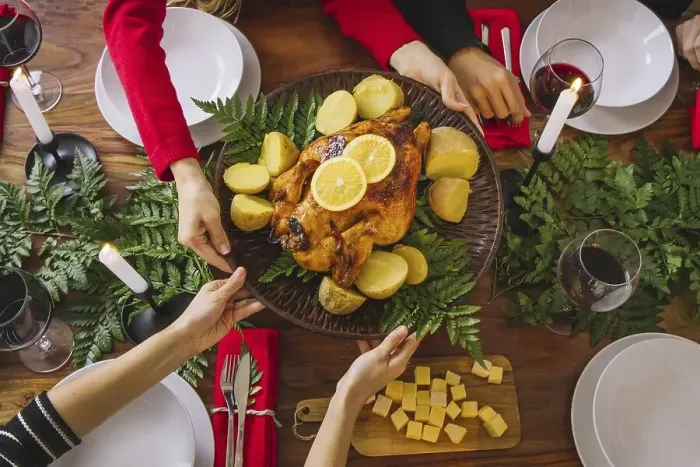Framed Print : Top view christmas dinner with turkey
