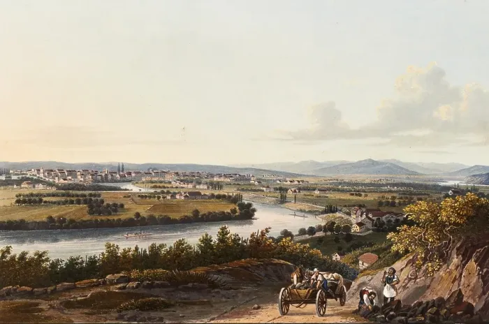 Framed Print : View of the city of Basel on the Rhine and its surroundings, Switzerland, view around 1830, digitally restored reproduction of a 19th century model by Johann Ludwig Bleuler (12 February 1792 - 28 March 1850), Swiss draughtsman and painter, Europe