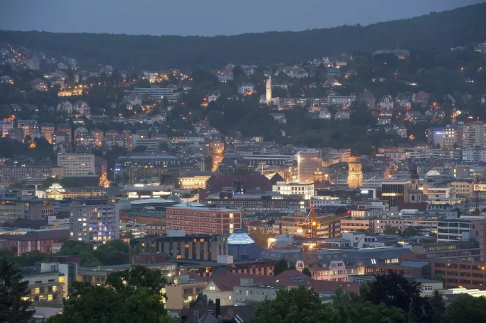 Framed Print : View of the city in the blue hour in the evening