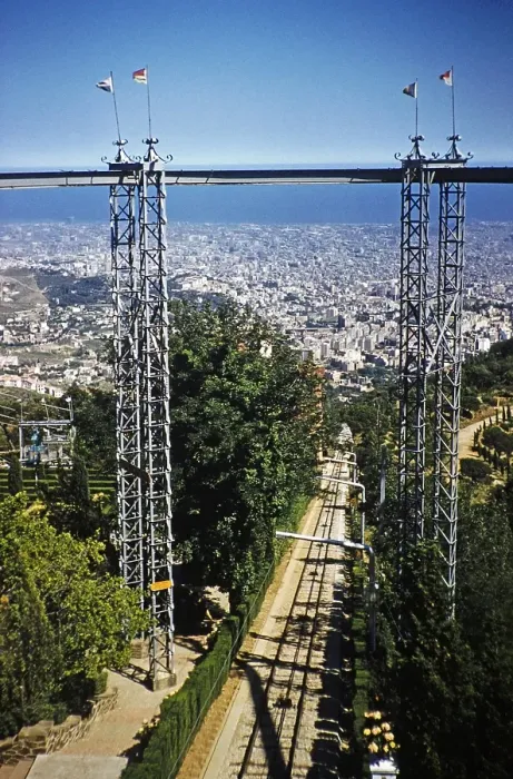 Framed Print : View over the city to the coast from the Tibidabo funicular railway, Barcelona, Catalonia, Spain July 1958