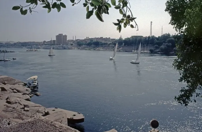 Framed Print : View of the city from Elephantine Island, Aswan, Nile Valley, Egypt, September 1989, vintage, retro, old, historic, Africa