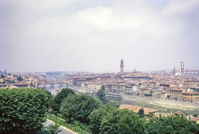 Framed Print : View over the city to the Ponte Vecchio bridge and the river Arno, Florence, Italy 1969