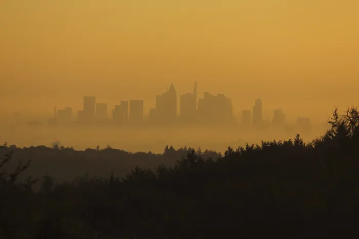 Framed Print : View of cityscape with silhouette and landscape of Frankfurt during sunrise