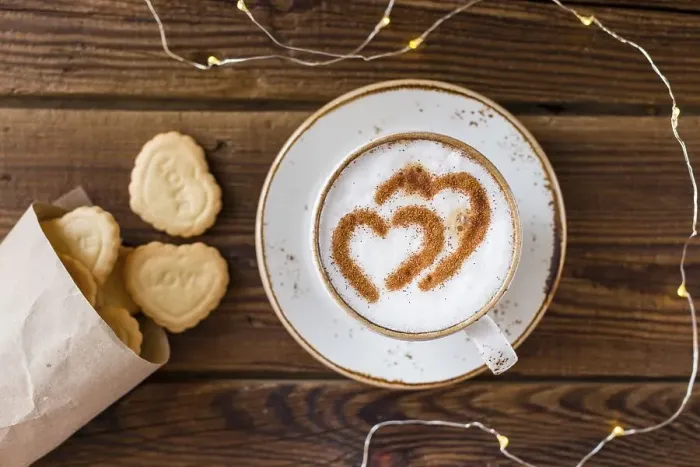 Framed Print : Top view coffee cup heart shaped cookies