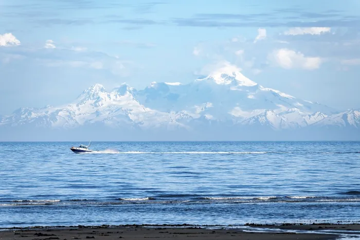 Framed Print : View over Cook Inlet to white mountain peaks of Mount Iliamna