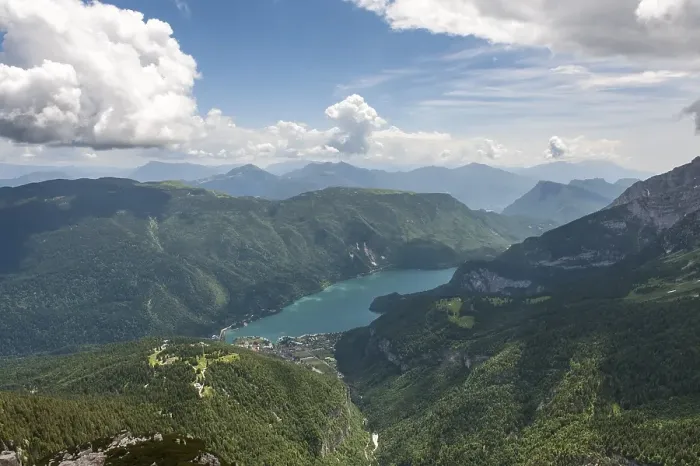 Framed Print : View from the Croz dellAltissimo peak (2339 m) on Lake Lago di Molveno Molveno