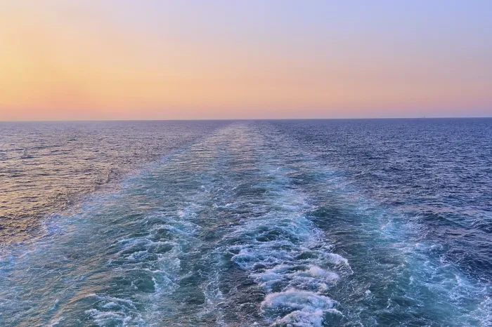 Framed Print : View from the cruise ship at sunset at the stern of the ship onto the stern waves Framed Print : View from the cruise ship at sunset at the stern of the ship onto the stern waves
