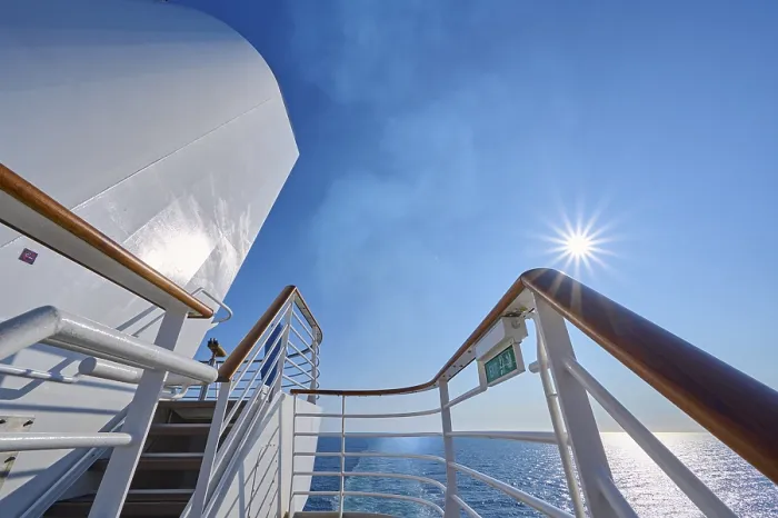 Framed Print : View from the deck of a cruise ship Mein Schiff 6 to the sunny sea and clear sky