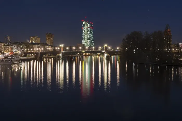 Framed Print : View from the Eiserner Steg over the River Main to the illuminated European Central Bank at night