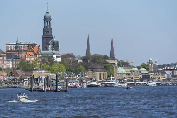Framed Print : View across the Elbe to Hamburg city centre with the baroque main church of St Michaelis as the dominant element Framed Print : View across the Elbe to Hamburg city centre with the baroque main church of St Michaelis as the dominant element