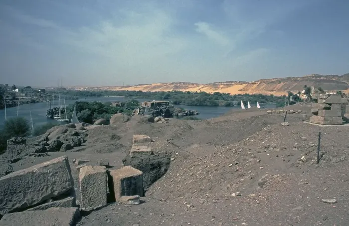 Framed Print : View from Elephantine Island to the Nile with both banks, Aswan, Nile Valley, Egypt, September 1989, vintage, retro, old, historic, Africa