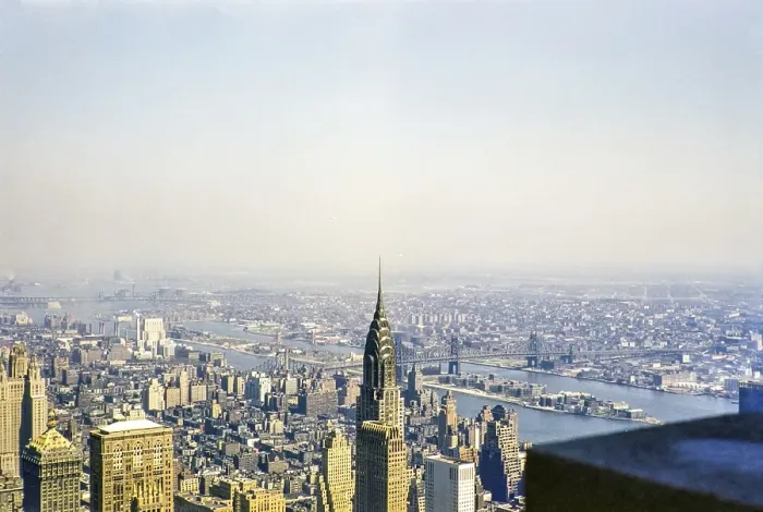 Framed Print : View from Empire State Building over Chrysler Building to East River, Roosevelt Island, Queensboro Bridge, Manhattan, New York, NY State, USA c 1953
