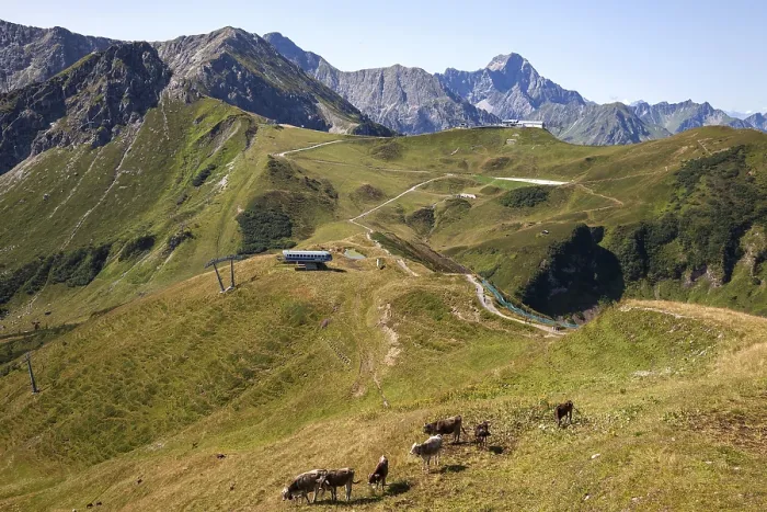 Framed Print : View from the Fellhornbahn summit station to the Kanzelwandbahn summit station and Allgaeu Alps Framed Print : View from the Fellhornbahn summit station to the Kanzelwandbahn summit station and Allgaeu Alps