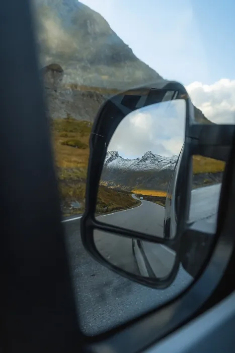 Framed Print : View of the fjord landscape through Campervan side mirror